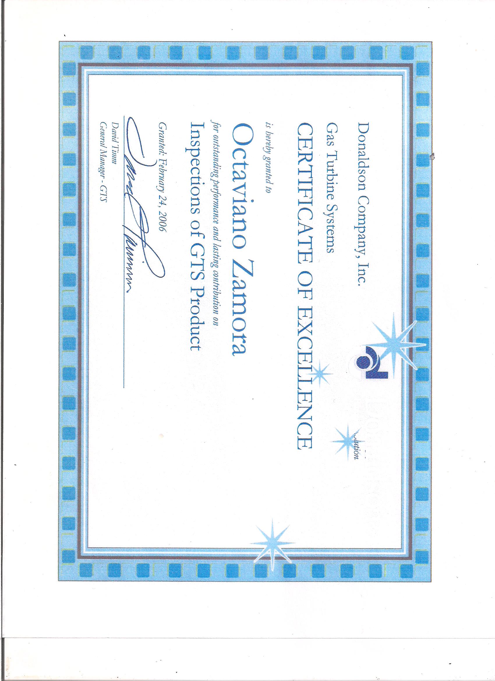 Certificate of Excellence — Donaldson Company, Inc. — Gas Turbine Systems — granted February 24, 2006